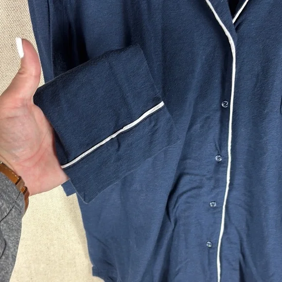 Women's WoolX Harper Navy Pajama Set with White Trim - Picture 5 of 14